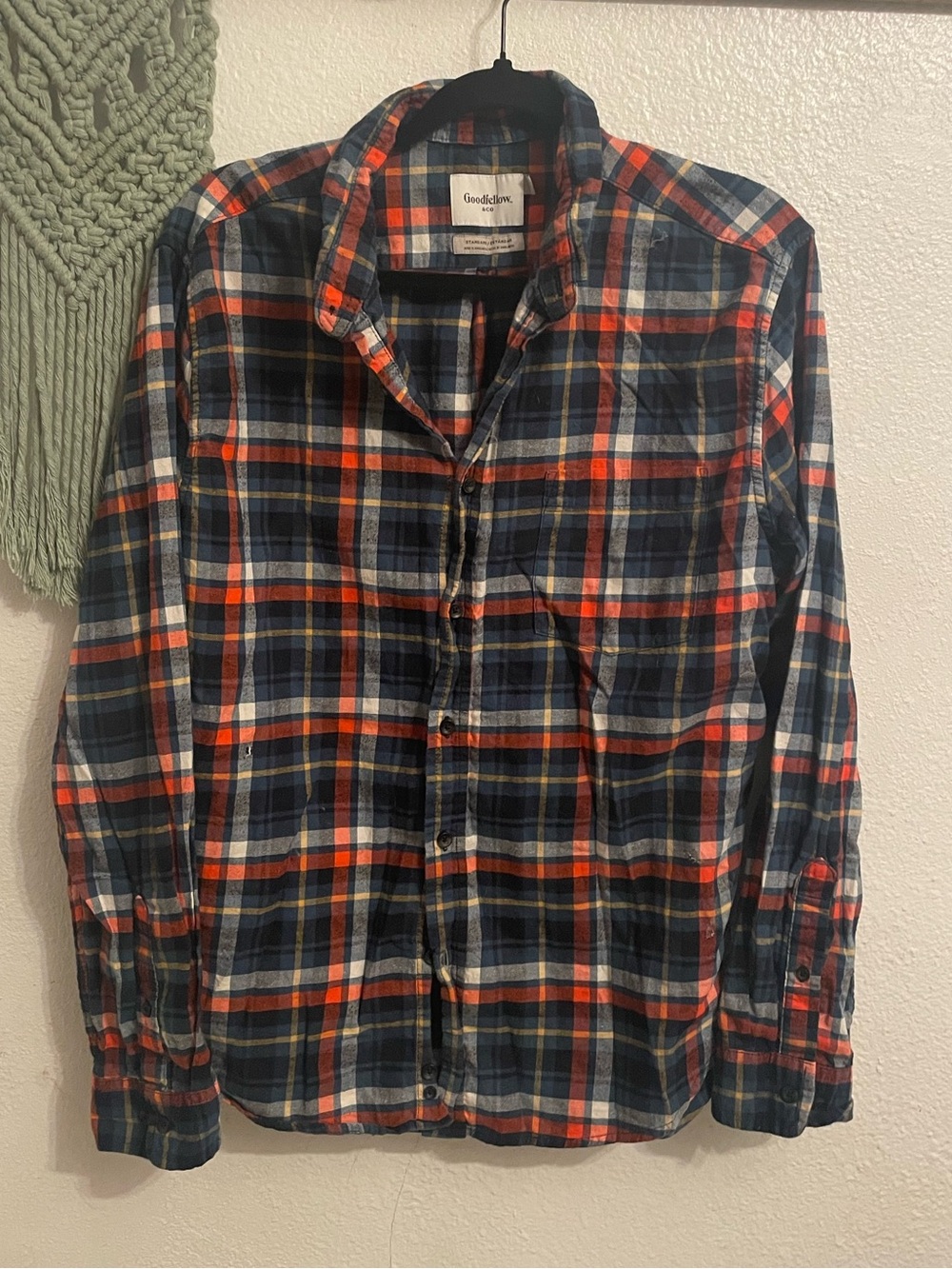 Goodfellow & Co Navy, Orange and White Plaid Long-Sleeve Button-Down Shirt